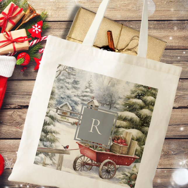 Tote Bag Aquarelle rustique Arbres de Noël Monogramme (Créateur téléchargé)