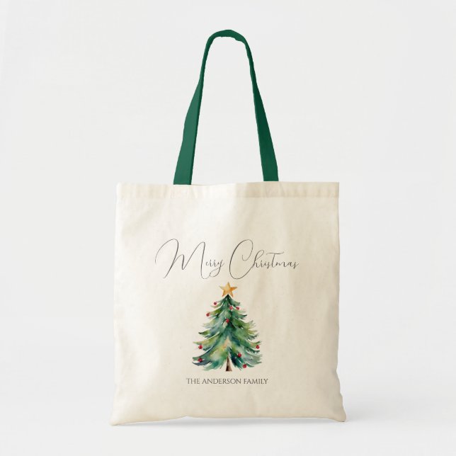 Tote Bag Aquarelle simple et élégante Joyeux sapin de Noël (Devant)