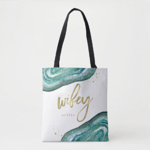 Tote Bag Aquarelle Teal et regard Geode Wifey d'or