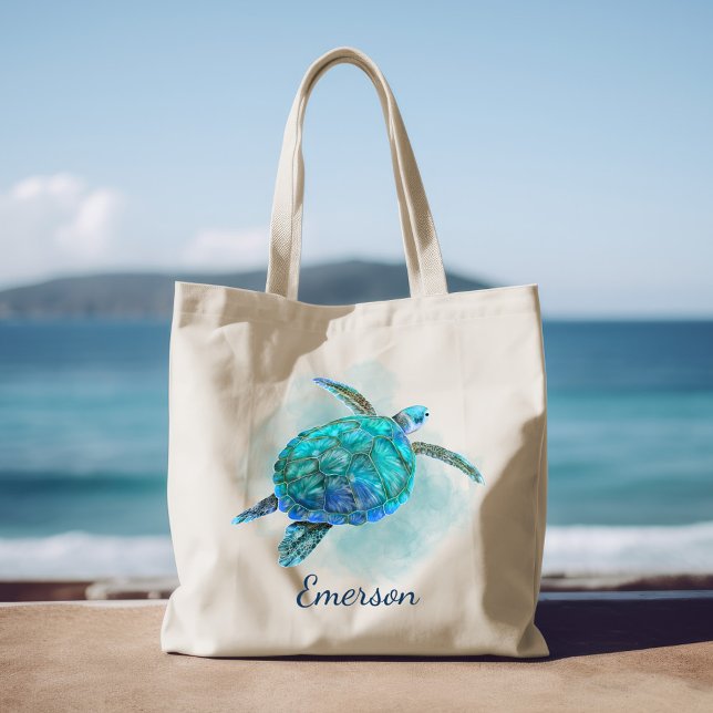 Tote Bag Aquarelle Tortue de mer Nom personnalisé (Créateur téléchargé)