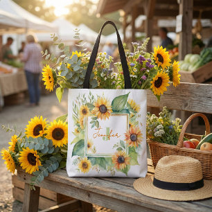 Tote Bag Aquarelle Tournesol Floral Monogramme Personnalisé