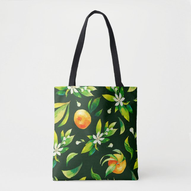 Tote Bag Aquarelle transparente agrumes et pattes feuilles (Devant)