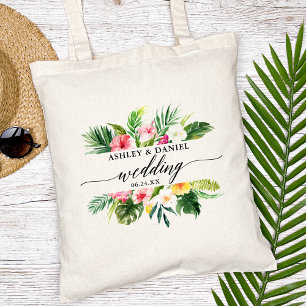 Tote Bag Aquarelle Tropical Floral Mariage Calligraphie
