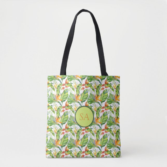 Tote Bag Aquarelle Tropical Monstera Feuilles Monogramme (Devant)