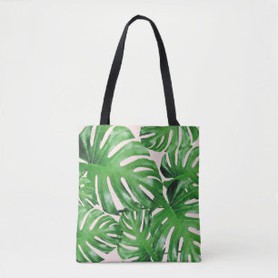 Tote Bag Aquarelle Tropical Monstera Feuilles Motifs rose