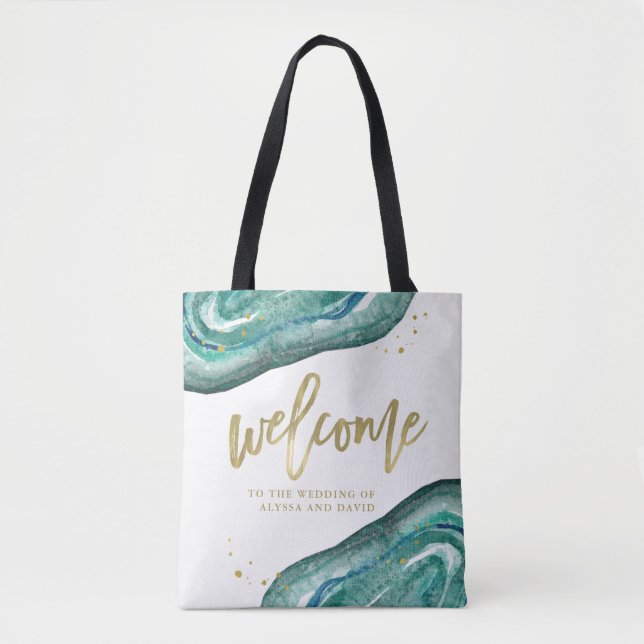 Tote Bag Aquarelle Turquoise et Gold Look Geode | Bienvenue (Devant)