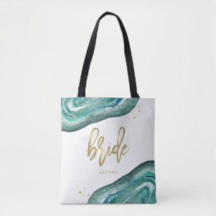 Tote Bag Aquarelle Turquoise et Gold Look Geode Mariée