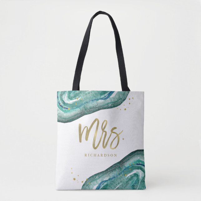Tote Bag Aquarelle Turquoise et Gold Look Geode | Mme (Devant)