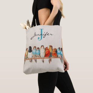 Tote Bag Aquarelle Une perche d'oiseaux Nom du monogramme V