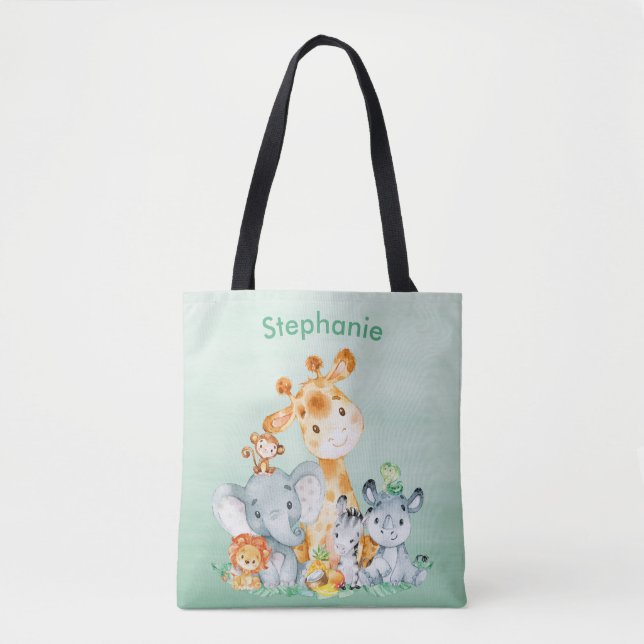 Tote Bag Aquarelle Vert mer Cute Safari Jungle Animaux (Devant)