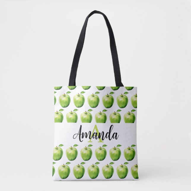 Tote Bag Aquarelle Vert pomme Nom du Motif Monogramme (Devant)