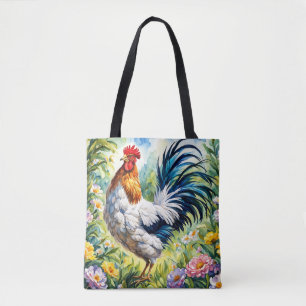 Tote Bag Aquarelle Vintage colorée Rooster Floral