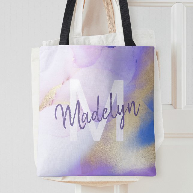 Tote Bag Aquarelle violet Abstrait Girly Luxury Monogramme (Créateur téléchargé)