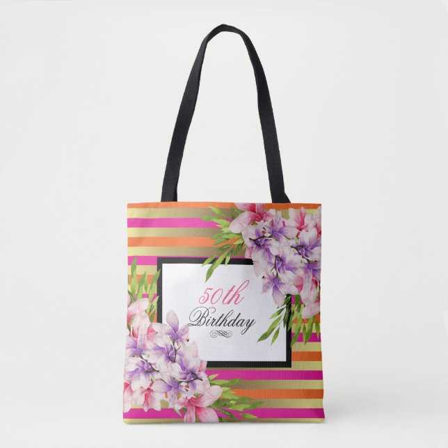 Tote Bag Aquarelle violette et rose Magnolia Anniversaire (Devant)