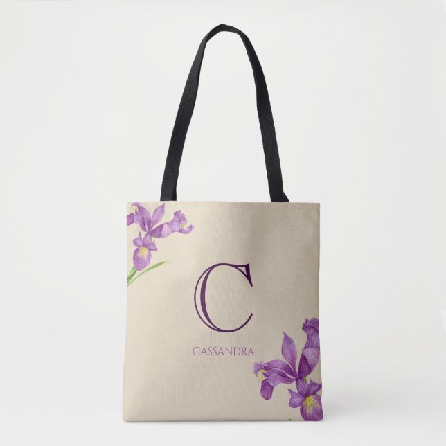 Tote Bag Aquarelle violette Iris Botanique Floral Monogramm (Devant)