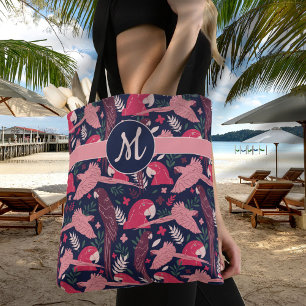 Tote Bag Ara Parrot Rouge Tropical Leave Motif Monogramme