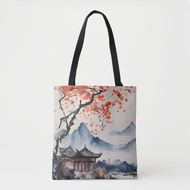 Tote Bag Arbre d'automne et Temple (Devant)