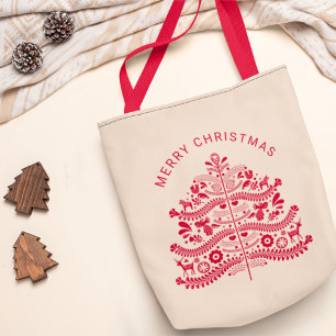 Tote Bag Arbre de Noël d'art populaire scandinave rouge