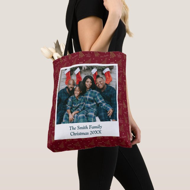 Tote Bag Arbre de Noël rouge Crimson moderne et voeux (De près)
