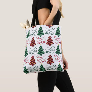 Tote Bag Arbre de noël vert et rouge rouge