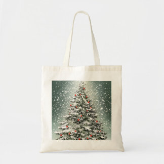 Tote Bag Arbre de Noël vert Ornements colorés Neige blanche