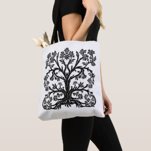 Tote Bag Arbre de vie floral en noir sur blanc