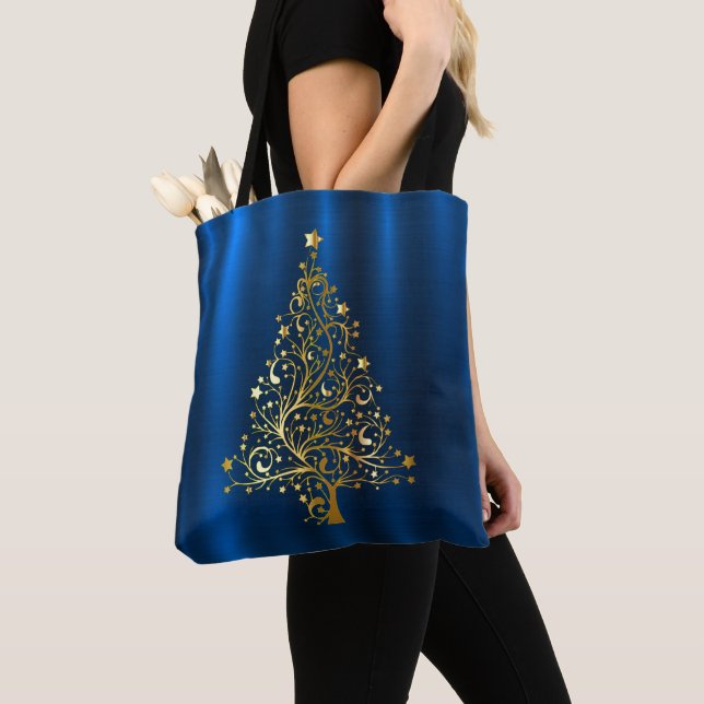 Tote Bag Arbre doré de Noël bleu marine (De près)