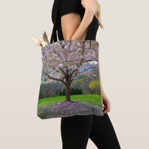 Tote Bag Arbre fleuri rose cerisier avec bois