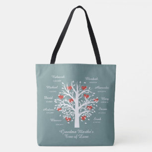 Tote Bag Arbre grand-mère (coeurs) 10 noms/anniversaires S