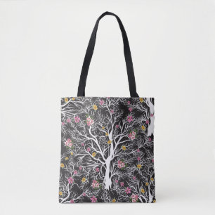Tote Bag arbre noir transparent avec motif de fleurs coloré