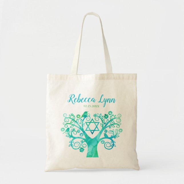 Tote Bag Arbre vert turquoise d'aquarelle de bat mitzvah de (Devant)