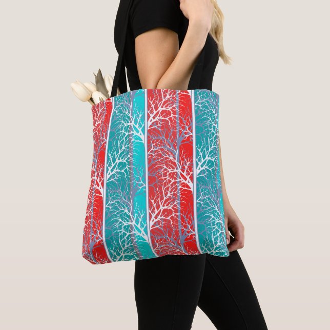 Tote Bag Arbres abstraits sans joint branche corail bleu li (De près)