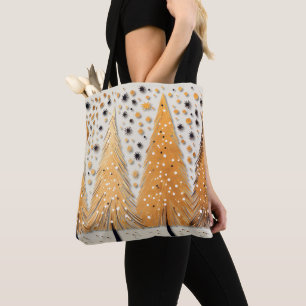 Tote Bag Arbres de Noël dorés Flammes de neige brillantes F