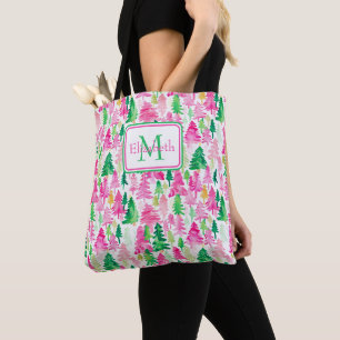 Tote Bag Arbres de Noël Monogramme Rose et Vert Prépa