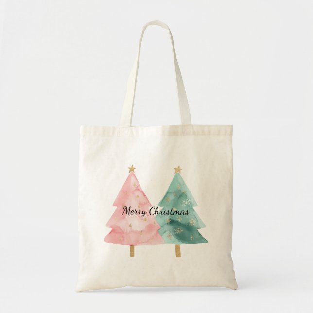 Tote Bag Arbres de Noël verts roses (Devant)