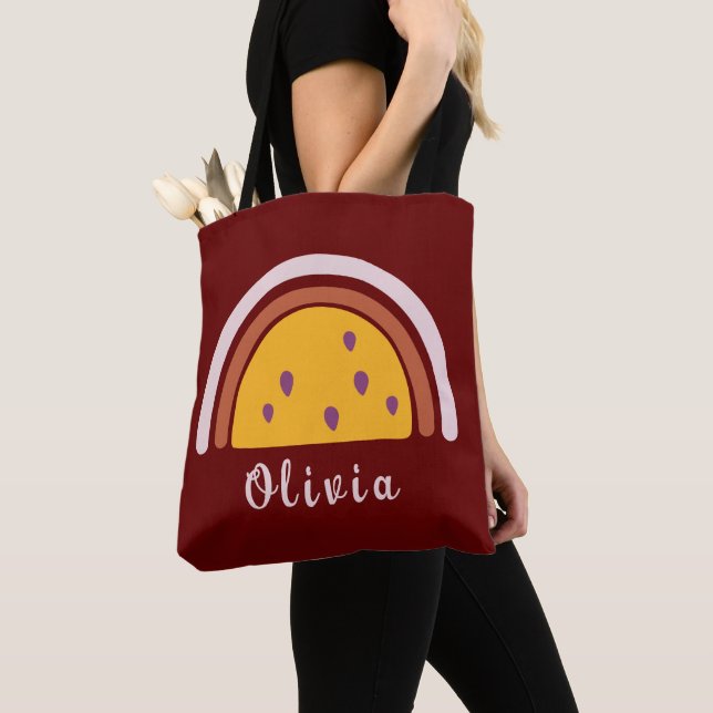 Tote Bag Arc-en-ciel Boho avec nom personnalisé Jaune (De près)