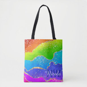 Tote Bag Arc-en-ciel brillant et monogramme en agate à pail