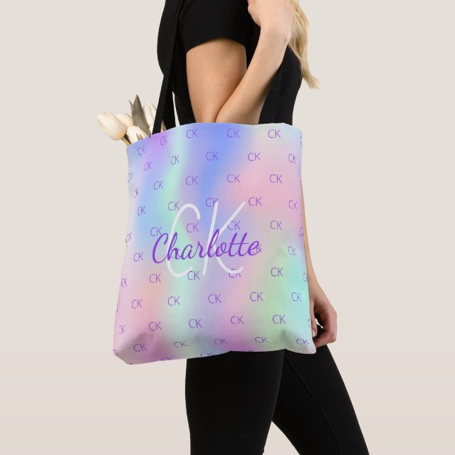 Tote Bag Arc-en-ciel holographique personnalisé monogramme  (De près)