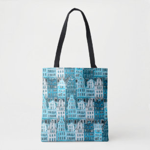 Tote Bag Architecture d'Amsterdam, aquarelle bleue.