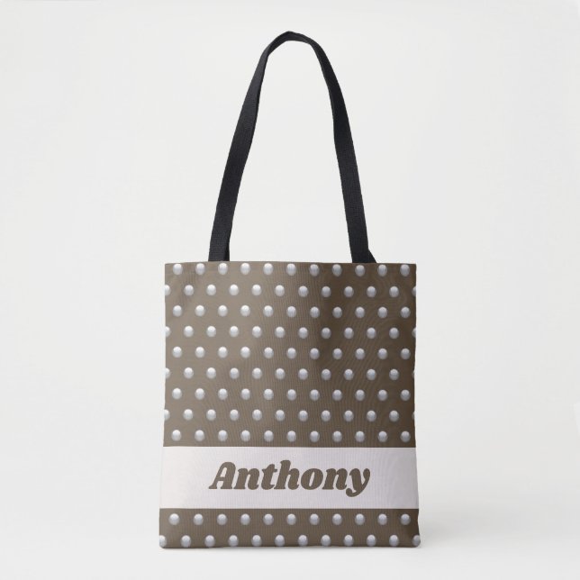 Tote Bag Argent métallique moderne et point de polka Brown  (Devant)