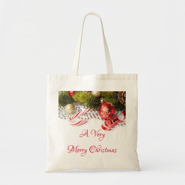 Tote Bag Argent Vert Rouge Et Décorations De Noël (Devant)