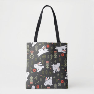 Tote Bag Arrière - plan foncé, lapins blancs, vintage flora