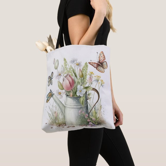 Tote Bag Arrosage avec tulipes et papillons (De près)