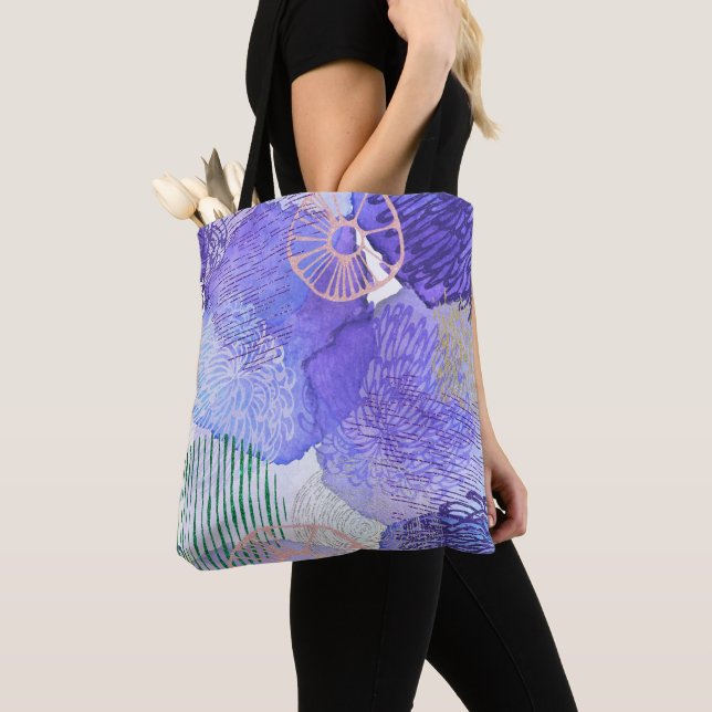 Tote Bag Art abstrait moderne bleu et violet (De près)