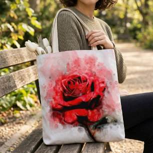 Tote Bag Art aquarelle de rose rouge sur fond blanc