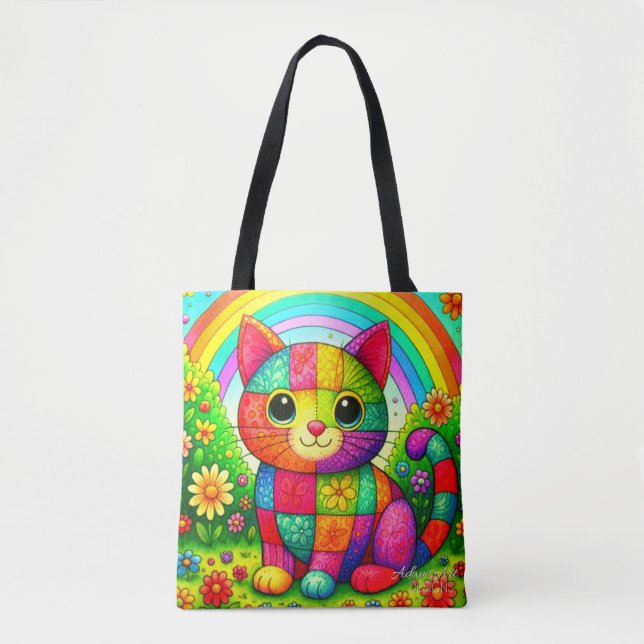 Tote Bag Art de chat patchwork arc-en-ciel (Devant)