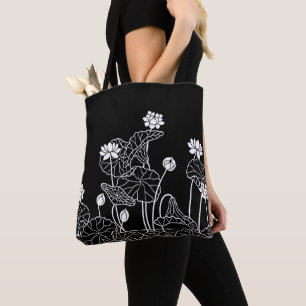 Tote Bag Art de ligne floral noir et blanc