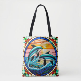 Tote Bag Art de verre coloré avec des dauphins bondissant a
