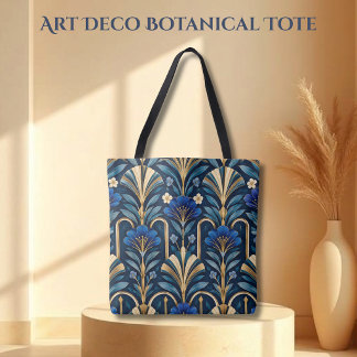 Tote Bag Art Deco Botanical Pattern. Sapphire Blue