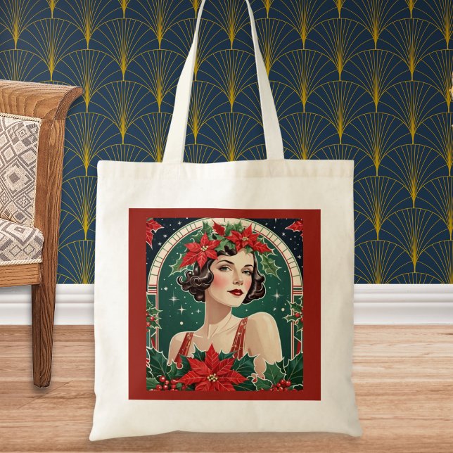 Tote Bag Art Déco Inspiré Portrait Lady Élégant Noël (A Christmas tote bag with picture of an elegant lady, inspired by Art Deco style)